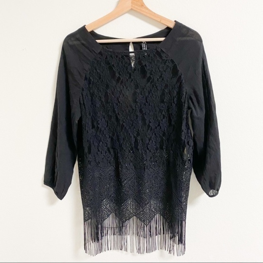 Free People Black Lace Fringe see through Long Sleeve boho Shirt Top